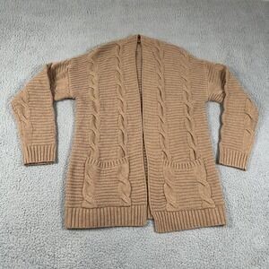Cable Knit Cardigan Sweater Womens Large Tan Open Front Longline Pockets Cozy